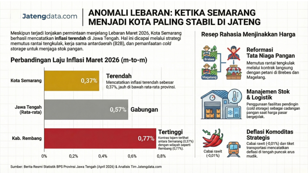 Grafik perbandingan laju Inflasi Kota Semarang 2026 yang mencatat rekor terendah 0,37 persen di Jawa Tengah saat Lebaran.