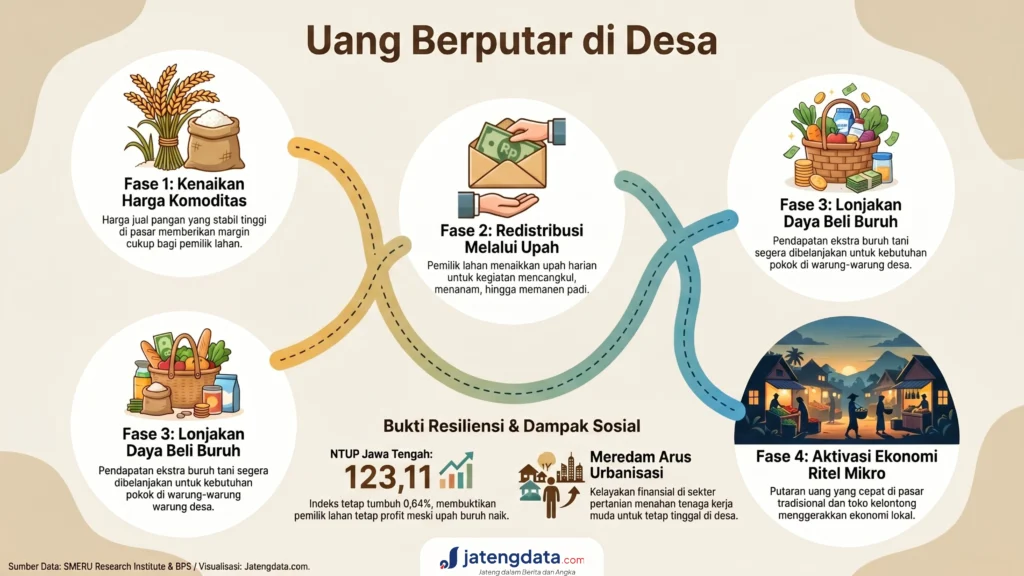 Infografis alur perputaran ekonomi ritel pedesaan akibat efek redistribusi upah buruh tani.