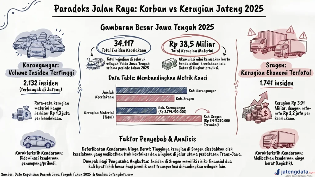 Infografis membandingkan data kecelakaan dan kerugian material antara Karanganyar dan Sragen di Jawa Tengah tahun 2025.