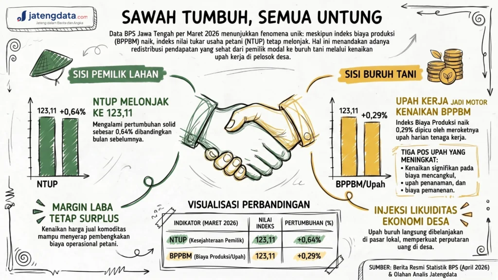 Infografis perbandingan rekor NTUP 123,11 dan kenaikan indeks upah buruh tani di Jateng.