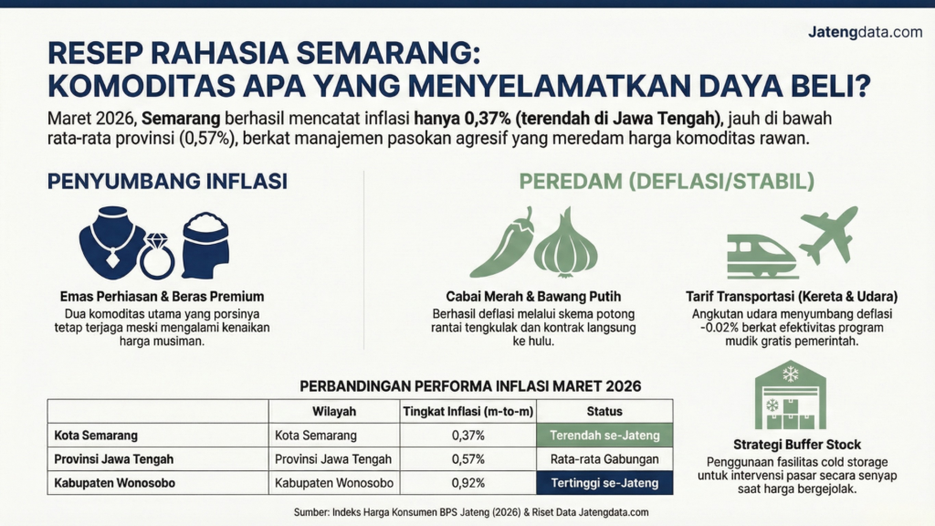 Daftar komoditas penyumbang dan peredam Inflasi Kota Semarang 2026, menyoroti deflasi pada cabai, bawang, dan tarif transportasi udara.