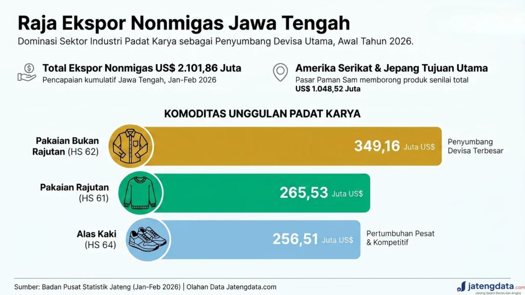 Grafik 3 komoditas utama ekspor nonmigas Jawa Tengah awal 2026.