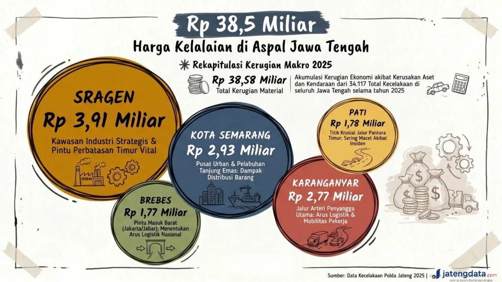 Diagram gelembung yang menunjukkan kerugian material lalu lintas di lima kabupaten/kota di Jawa Tengah tahun 2025.