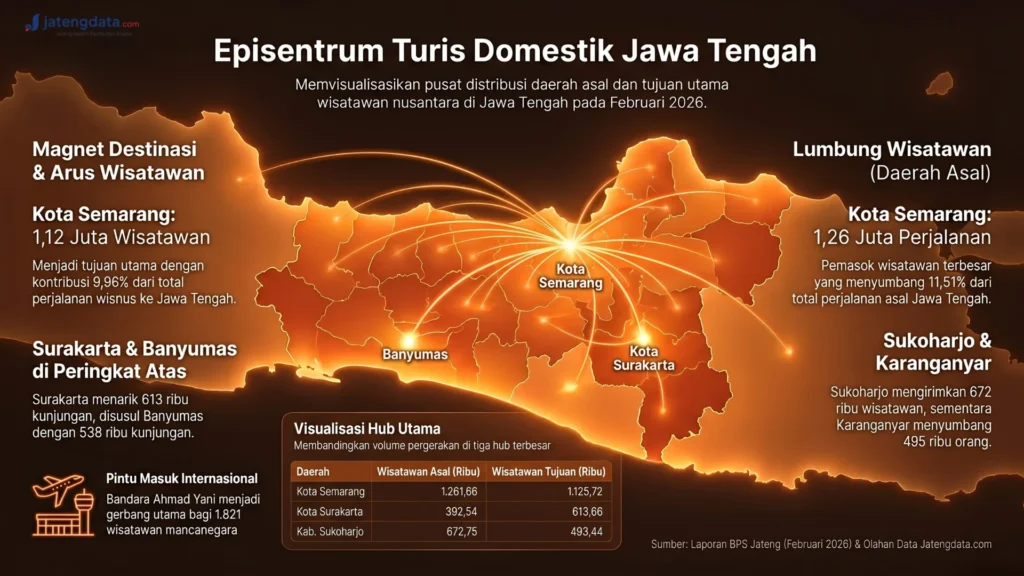 Ilustrasi peta episentrum turis domestik Jawa Tengah dengan Kota Semarang sebagai magnet destinasi utama.