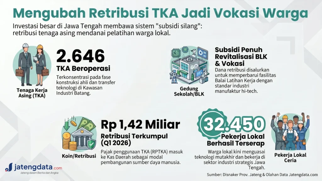 Infografis alur retribusi TKA Rp 1,42 Miliar untuk subsidi BLK dan serap 32.450 pekerja lokal.