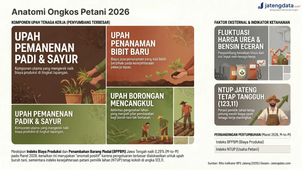 Infografis rincian komponen penyumbang kenaikan Indeks Biaya Produksi Pertanian Jateng 2026.