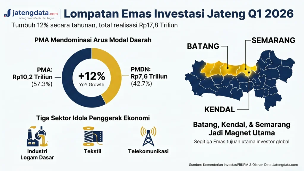 Infografis realisasi investasi Jateng Q1 2026 capai Rp17,8 Triliun dengan Batang, Kendal, dan Semarang sebagai magnet utama.