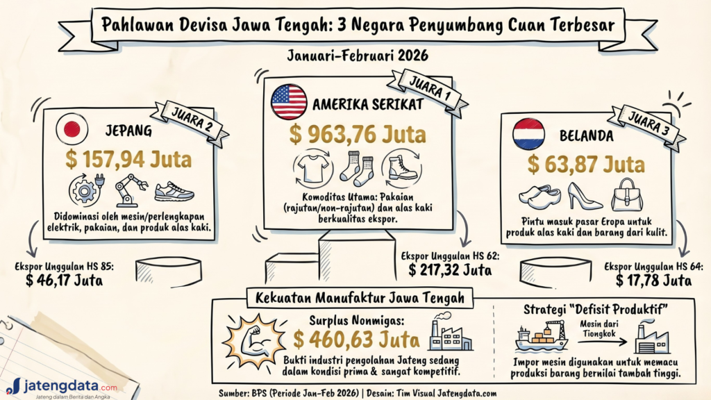 Infografis peringkat tiga negara penyumbang surplus terbesar bagi ekspor Jawa Tengah 2026, yakni Amerika Serikat, Jepang, dan Belanda.