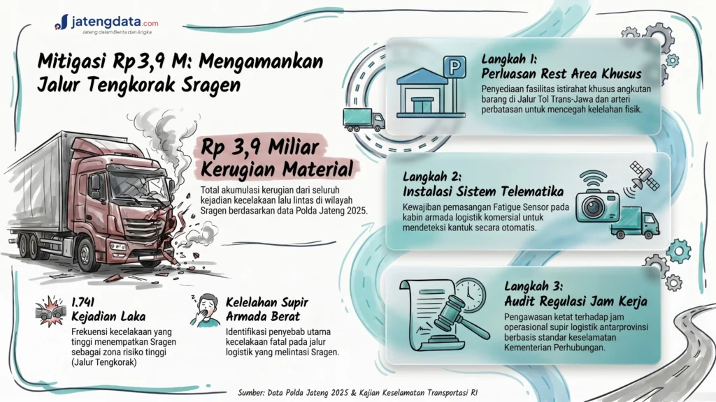Infografis tentang mitigasi kecelakaan di Sragen dengan ilustrasi truk hancur dan langkah-langkah solusi.