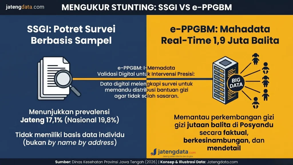 Ilustrasi perbandingan metode survei SSGI dengan mahadata aplikasi e-PPGBM stunting.