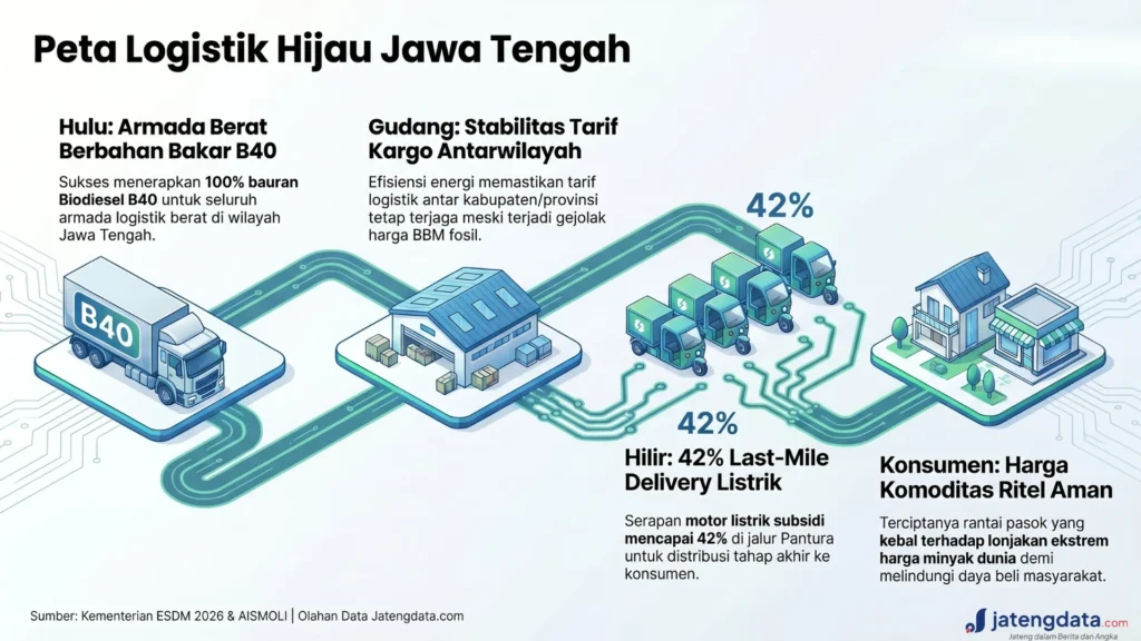 Infografis alur Peta Logistik Hijau di Jawa Tengah dari hulu hingga ke hilir.
