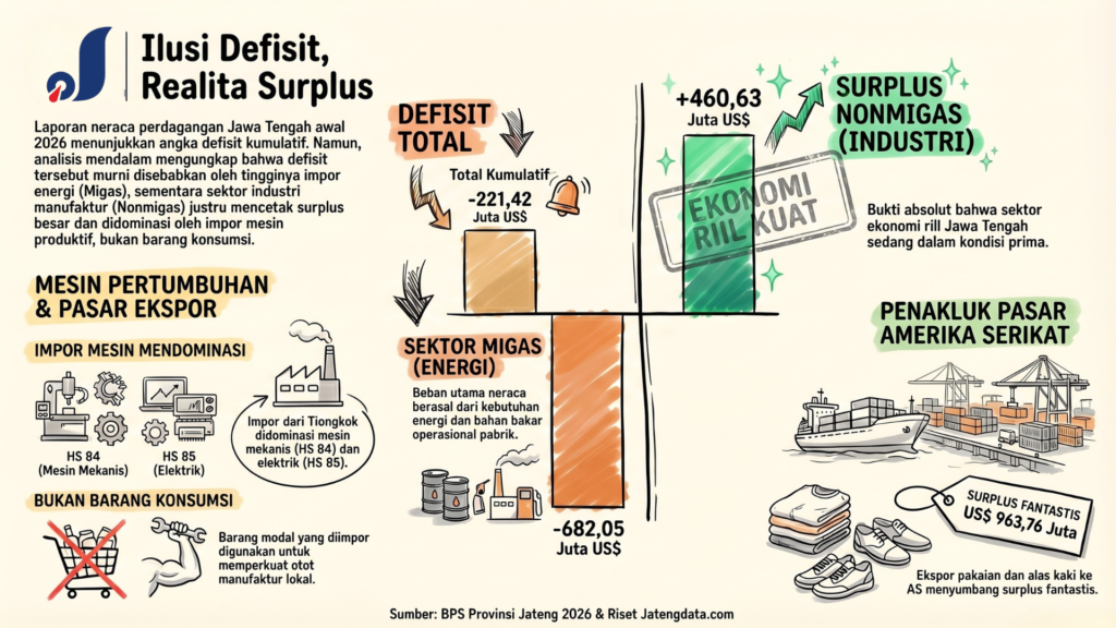 Infografis komparasi defisit total neraca perdagangan Jawa Tengah dengan surplus kuat di sektor manufaktur nonmigas awal 2026.