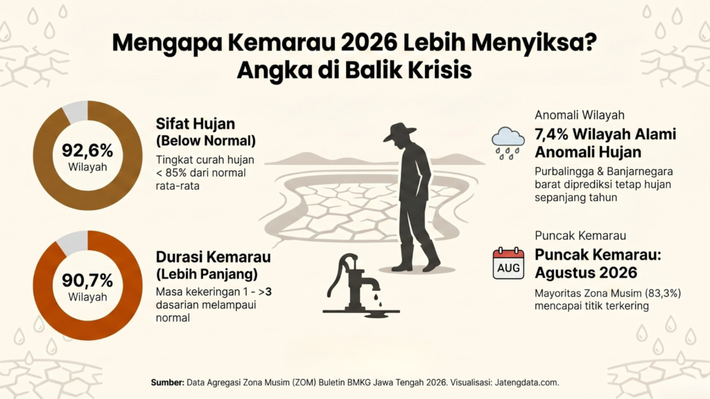 Ilustrasi statistik penyebab krisis kemarau Jateng 2026 dengan siluet petani di tanah retak.
