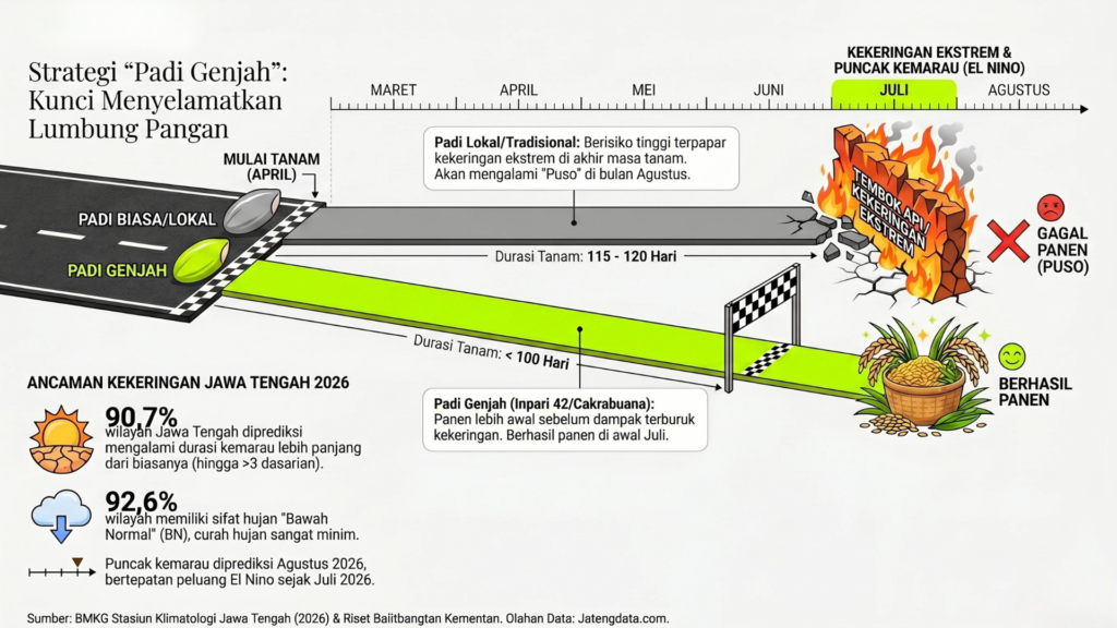 Ilustrasi lintasan perbandingan masa tanam padi lokal dan padi genjah menghadapi puncak kemarau 2026.