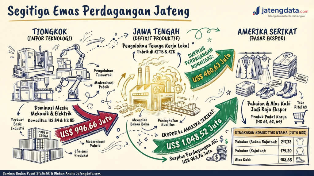 Infografis skema segitiga emas perdagangan Jawa Tengah yang menunjukkan alur impor mesin Tiongkok hingga ekspor garmen ke Amerika Serikat.
