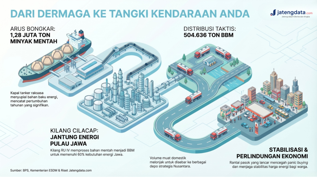 Ilustrasi isometrik alur rantai pasok energi, mulai dari bongkar muat Migas Pelabuhan Cilacap hingga ke stasiun pengisian bahan bakar umum.