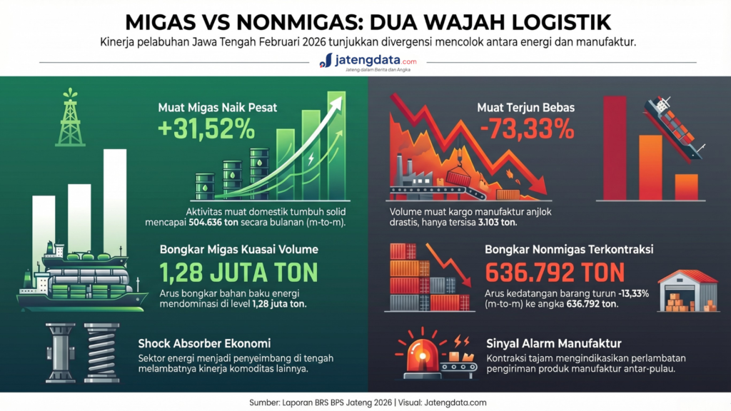 Infografis perbandingan anomali logistik laut, menampilkan lonjakan bongkar muat Migas Pelabuhan Cilacap di tengah anjloknya kargo nonmigas.