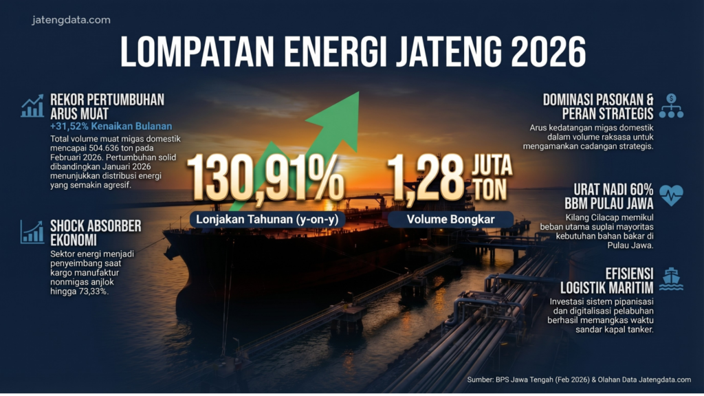 Foto siluet kapal tanker dengan grafik panah naik, menunjukkan rekor pertumbuhan 130 persen aktivitas bongkar muat Migas Pelabuhan Cilacap.