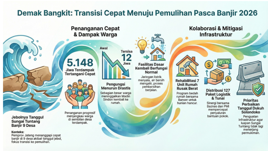 Infografis alur transisi cepat penanganan banjir Demak 2026, menampilkan data penyusutan pengungsi, pemulihan fasilitas dasar, dan perbaikan tanggul Sungai Tuntang.