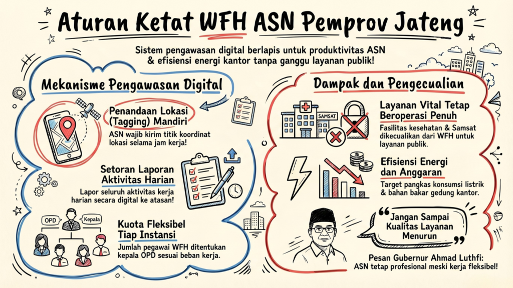 Infografis Aturan Ketat WFH ASN Pemprov Jateng menampilkan mekanisme pengawasan digital, penandaan lokasi, laporan harian, dampak efisiensi, dan pesan Gubernur Ahmad Luthfi tentang menjaga kualitas layanan.