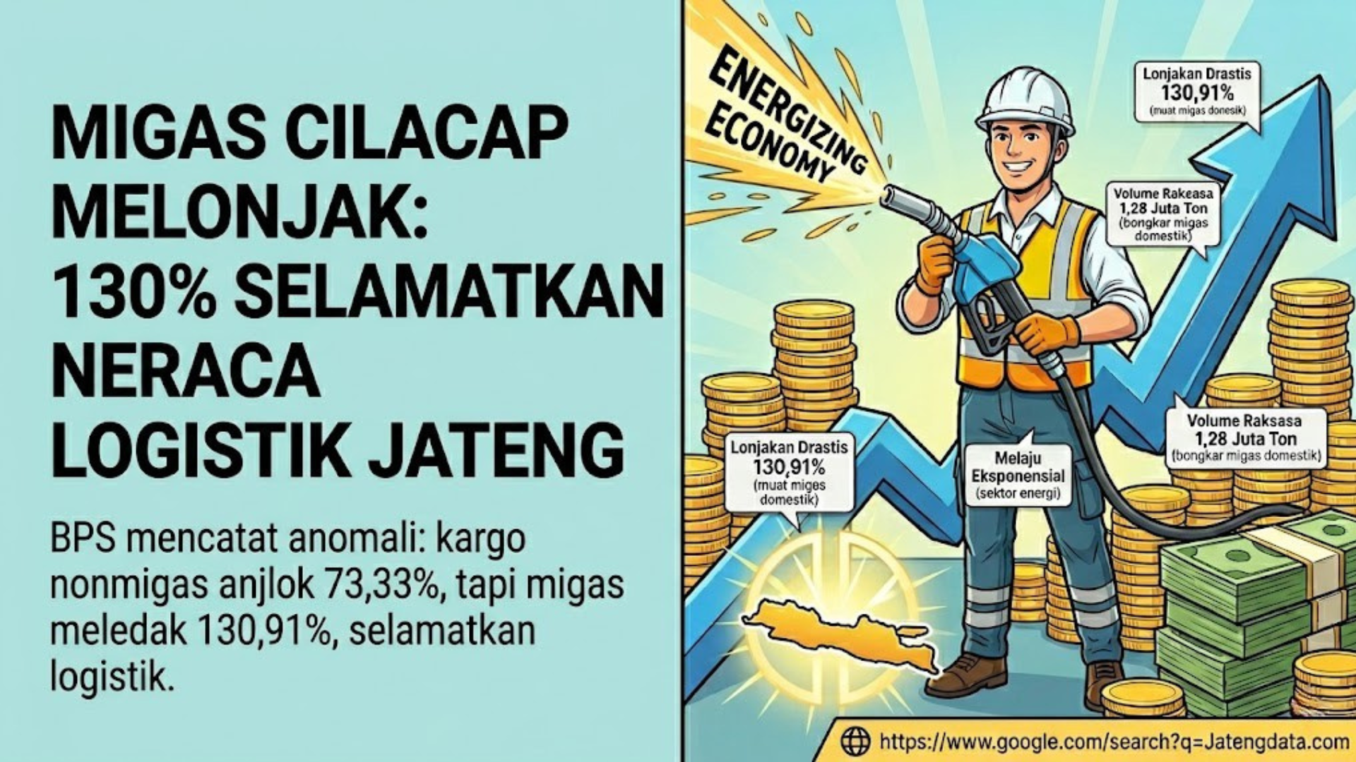 Ilustrasi pekerja memegang selang bahan bakar dengan latar grafik panah naik dan tumpukan koin emas, merepresentasikan rekor lonjakan bongkar muat Migas Pelabuhan Cilacap sebesar 130 persen.