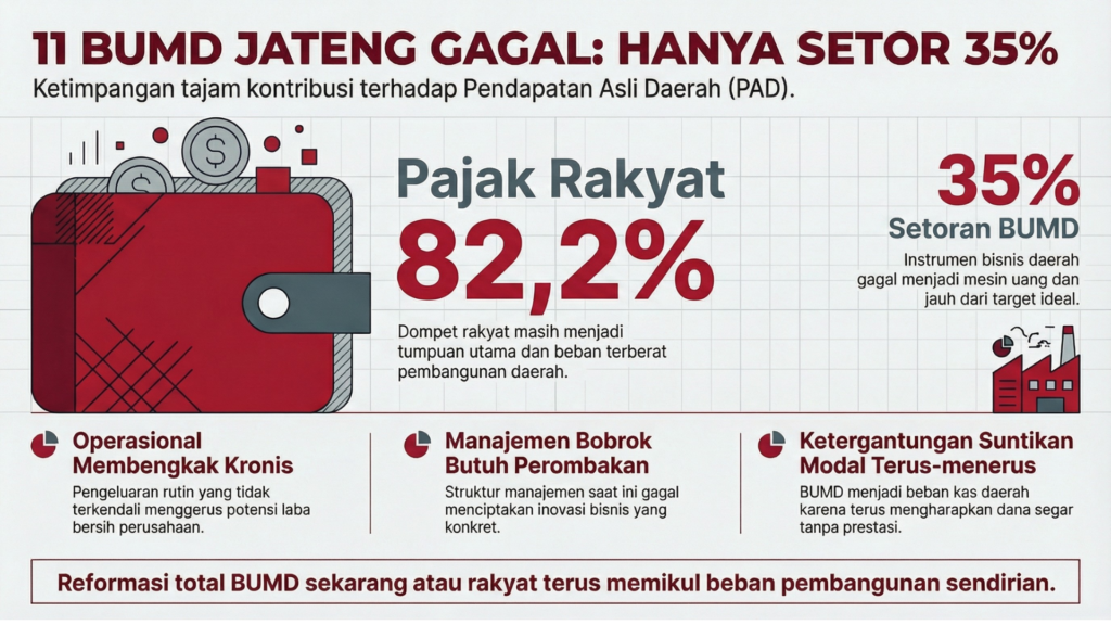 Infografis perbandingan kontribusi Pajak Rakyat 82,2% terhadap Pendapatan Asli Daerah Jateng dibandingkan setoran BUMD yang hanya 35%.