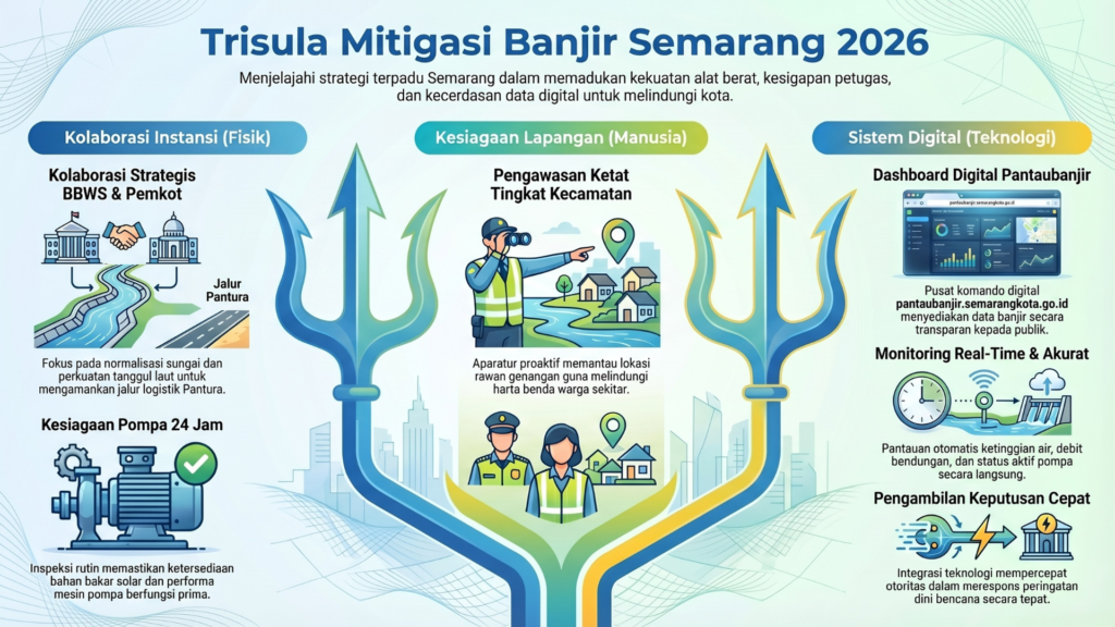 Infografis tata kota 3D menampilkan tiga strategi utama mitigasi banjir Semarang.