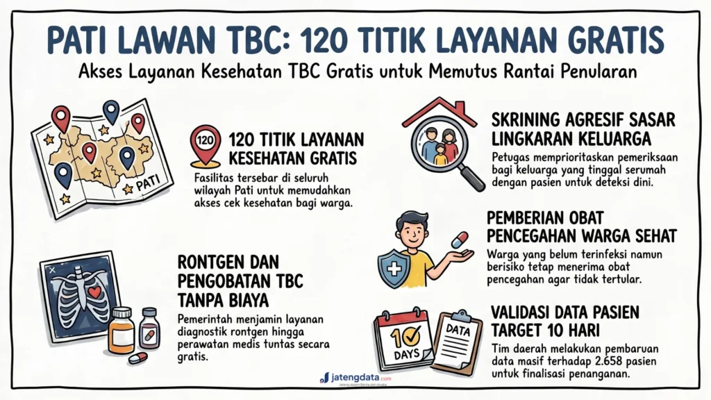 Infografis detail mengenai strategi Pati Lawan TBC melalui 120 Titik Layanan Kesehatan Gratis untuk memutus rantai penularan.