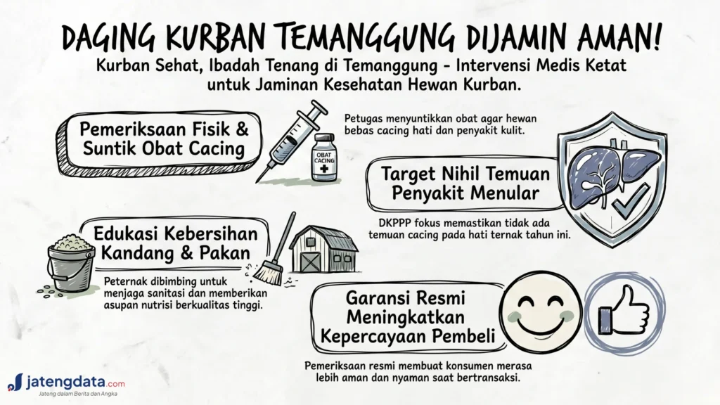 Infografis DKPPP Temanggung tentang jaminan keamanan daging kurban melalui 4 intervensi medis ketat: pemeriksaan fisik, target nihil penyakit menular (cacing hati), edukasi peternak, dan garansi resmi.