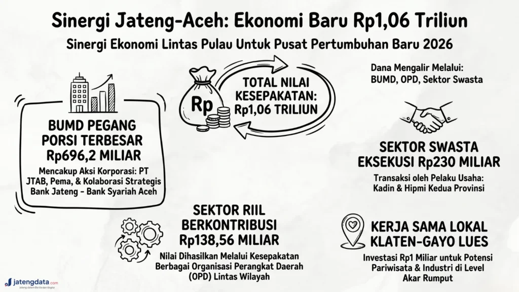 Infografis rincian alokasi dana kerja sama Jateng Aceh senilai Rp1,06 triliun pada sektor BUMD, swasta, dan OPD.