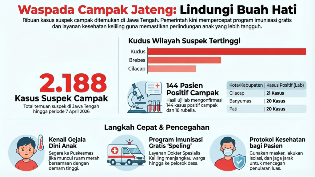 Infografis data sebaran 2.188 kasus suspek campak di Jawa Tengah dan panduan langkah pencegahan dini untuk anak.