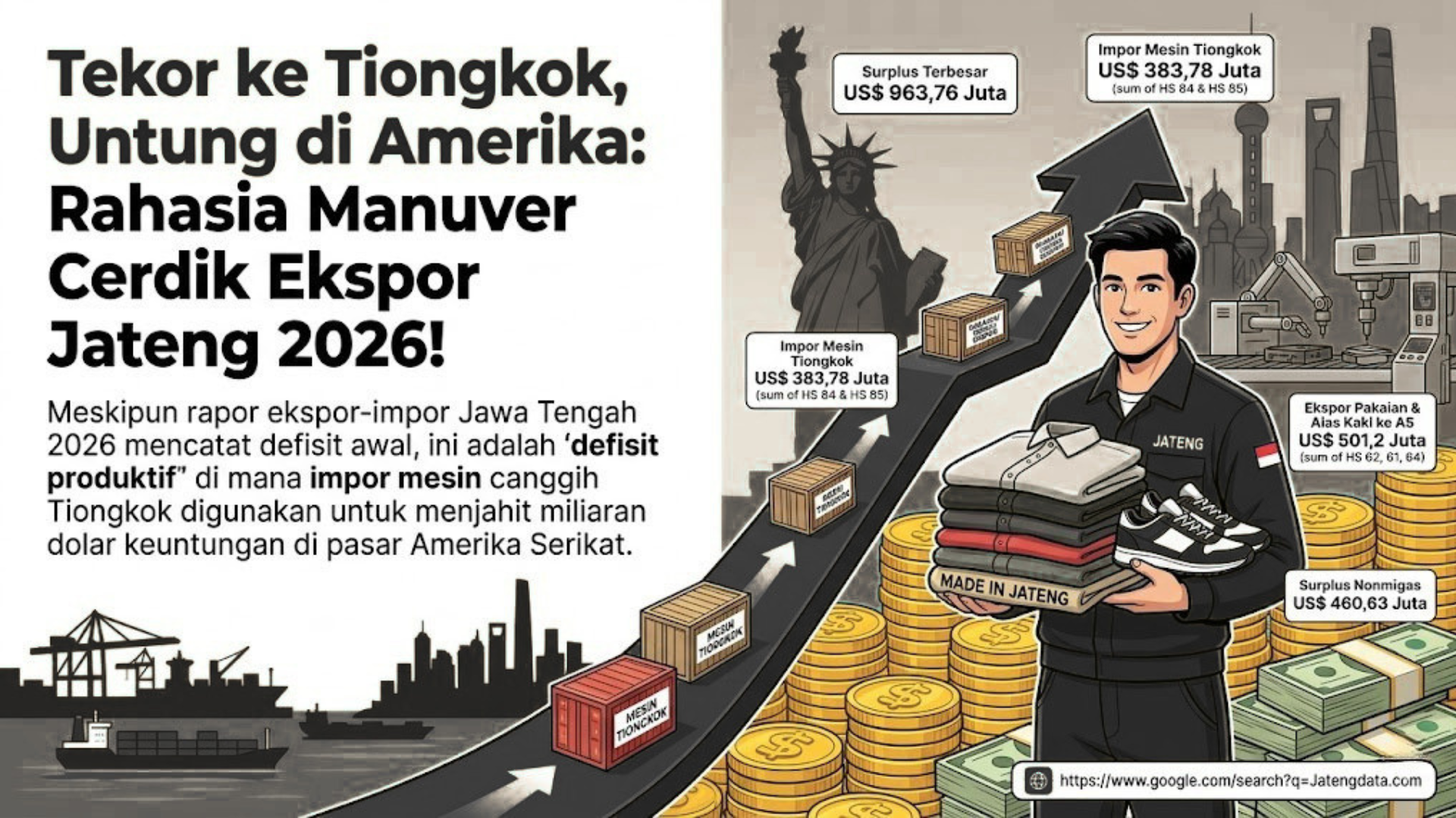 Ilustrasi infografis rahasia manuver cerdik ekspor impor Jawa Tengah 2026, menampilkan pekerja Jateng meraih surplus dari Amerika Serikat berkat impor mesin Tiongkok.