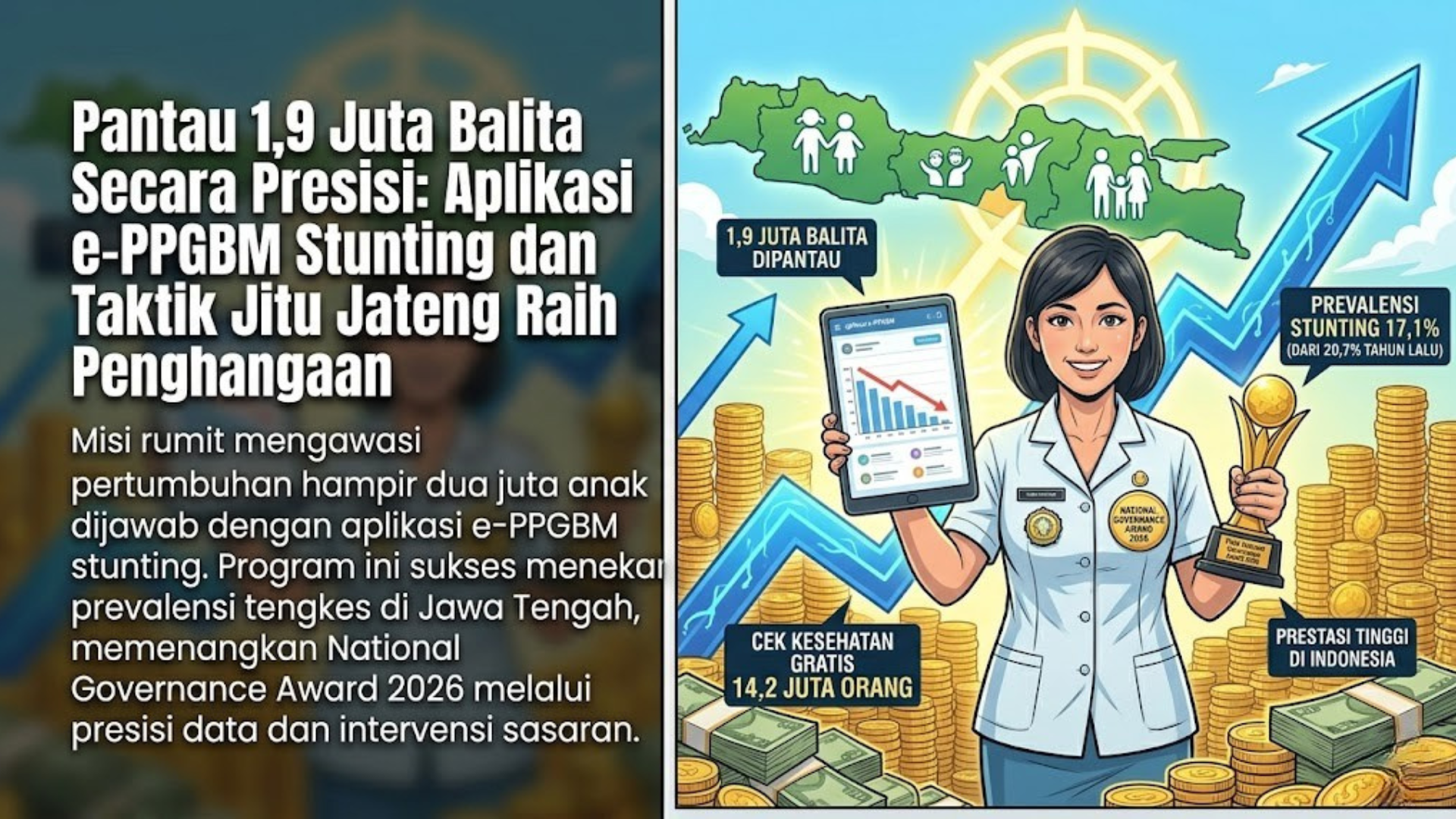 Ilustrasi petugas kesehatan memegang piala dan tablet aplikasi e-PPGBM dengan latar grafik kesuksesan Jateng.