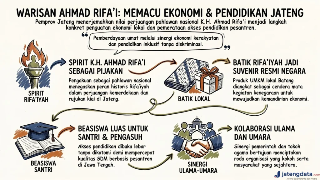 Infografis alur program Pemprov Jateng yang mengadaptasi warisan K.H. Ahmad Rifa'i untuk sektor ekonomi dan pendidikan.