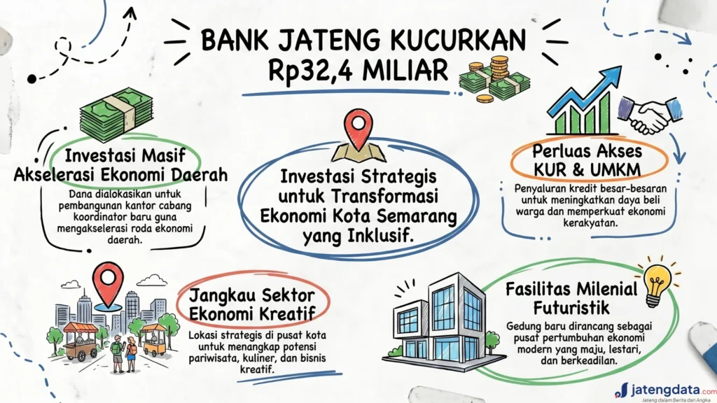 Infografis Bank Jateng Kucurkan Rp32,4 Miliar untuk lima fokus: percepatan ekonomi daerah, transformasi inklusif Semarang, perluasan akses KUR & UMKM, jangkauan ekonomi kreatif, dan fasilitas milenial futuristik.