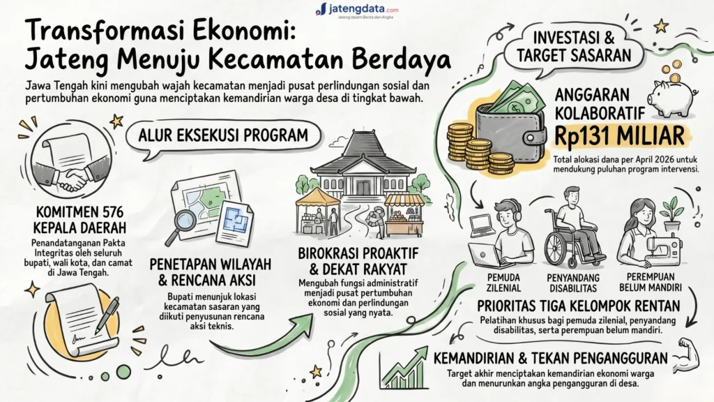 nfografis Gubernur Ahmad Luthfi instruksikan 576 camat ubah kecamatan jadi pusat ekonomi lewat Pakta Integritas.