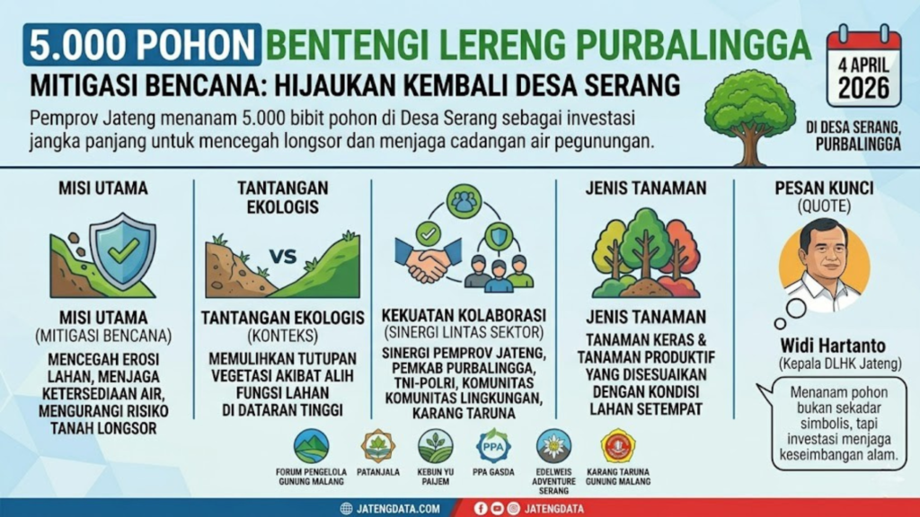 Infografis landscape 16:9 aksi mitigasi bencana Purbalingga melalui penanaman 5.000 pohon di Desa Serang.