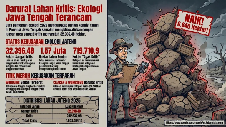 Illustrasi bergaya komik tentang darurat lahan kritis Jawa Tengah 2025, menampilkan seorang pria stres memegang clipboard di dekat tumpukan tanah kering dan berbagai data kerusakan ekologi.