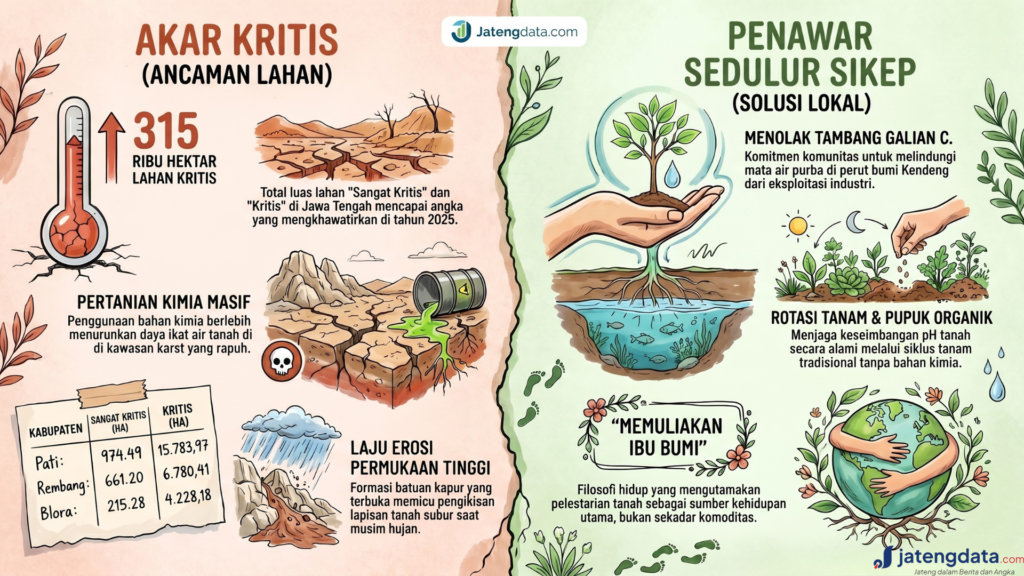 Infografis perbandingan antara penyebab lahan kritis di Jawa Tengah dan solusi kearifan lokal dari Sedulur Sikep.