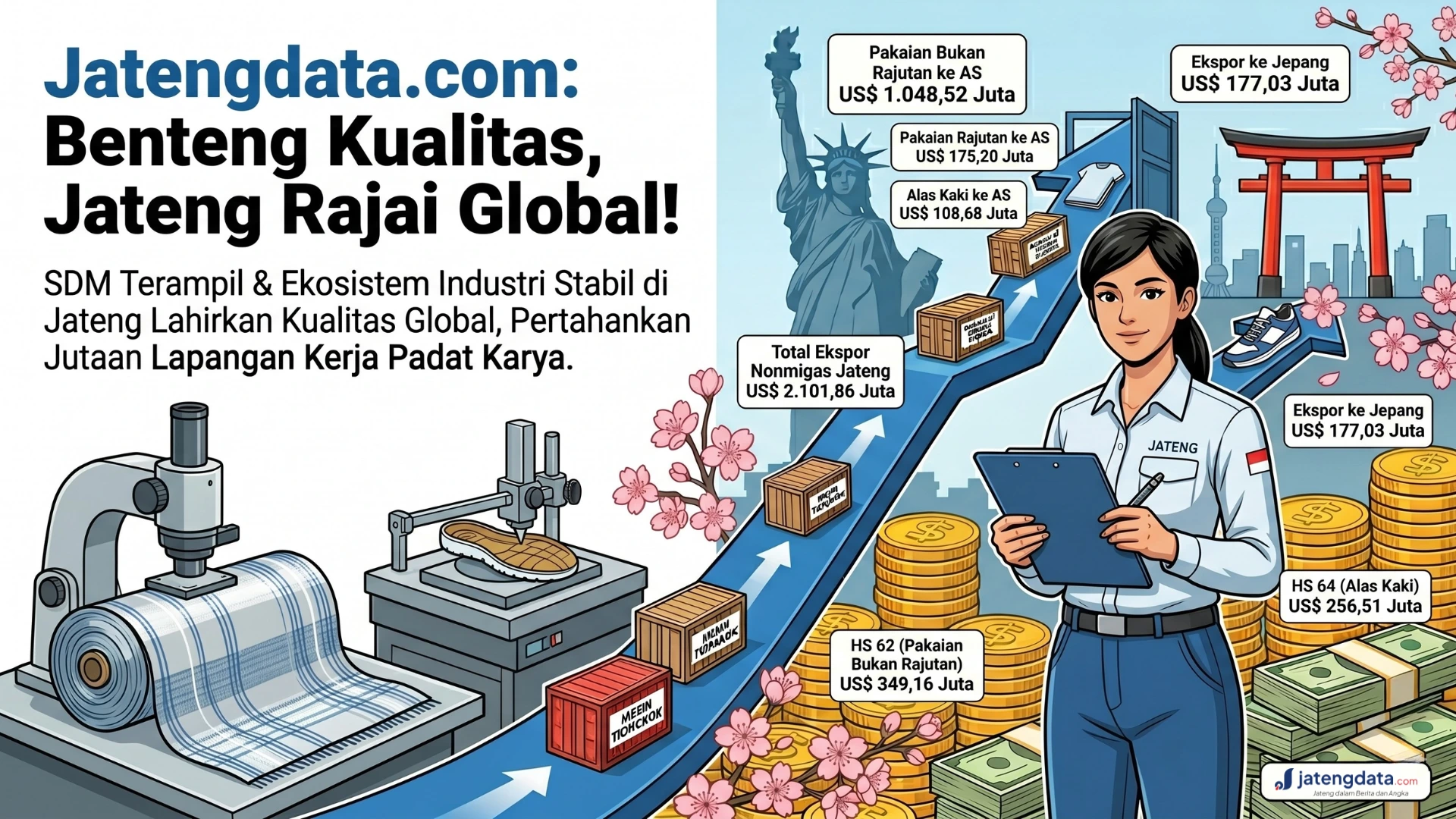 Ilustrasi pekerja wanita Jateng berlatar grafik peningkatan ekspor produk padat karya ke pasar Amerika dan Jepang