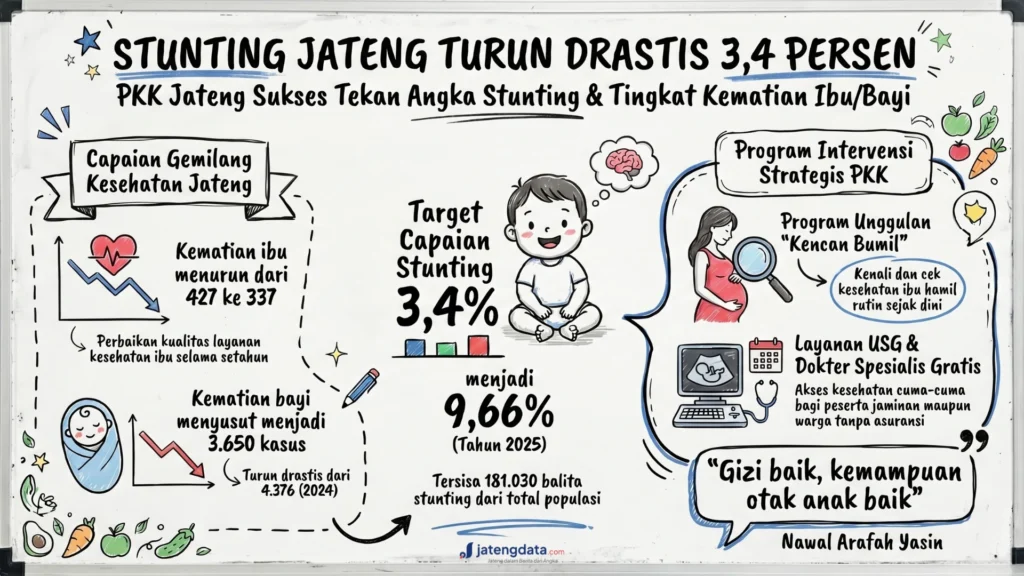 Infografis penurunan stunting Jawa Tengah sebesar 3,4 persen, data kematian ibu dan bayi, serta program Kencan Bumil PKK.