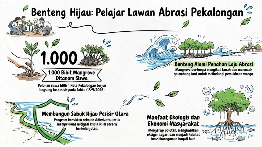 Ilustrasi pelajar menanam 1.000 bibit mangrove untuk melawan abrasi Pekalongan.