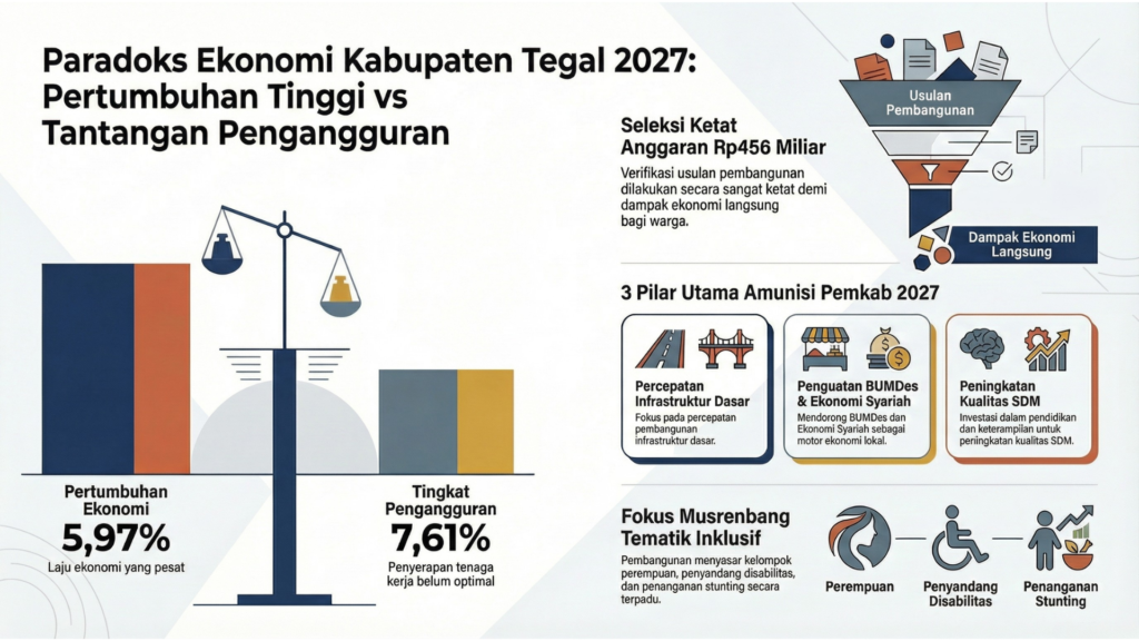 Infografis jurnalisme data yang membandingkan tingginya angka pengangguran 7,61 persen di tengah laju pertumbuhan Ekonomi Kabupaten Tegal 2027 sebesar 5,97 persen.