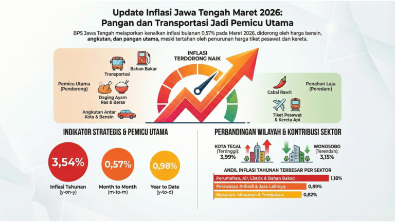 Infografis Update Inflasi Jawa Tengah Maret 2026 menunjukkan angka inflasi tahunan 3,54 persen.