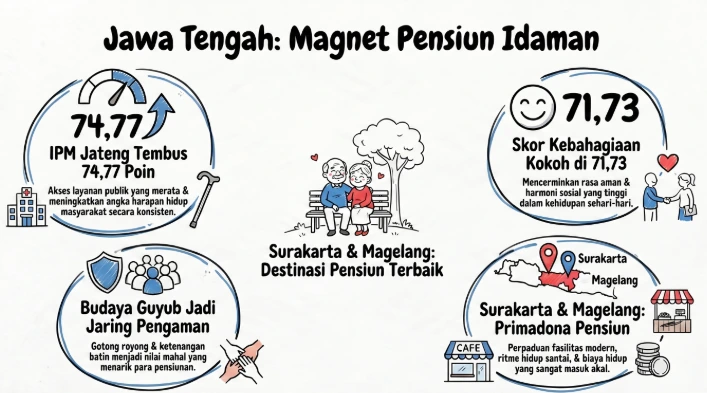 Infografis statistik yang membedah kualitas hidup Jawa Tengah, menampilkan data IPM 74,77 poin dan indeks kebahagiaan Jateng 71,73 poin, serta menempatkan Surakarta dan Magelang sebagai kota paling nyaman di Jawa Tengah untuk masa pensiun.