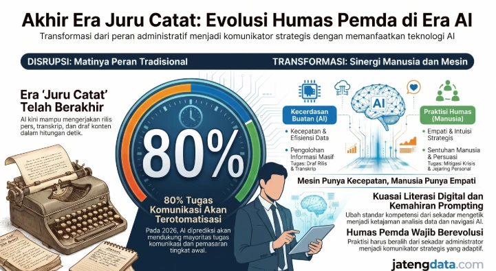 Infografis berjudul Akhir Era Juru Catat yang membedah evolusi dan masa depan humas pemda di era AI. Visual menampilkan proyeksi 80 persen tugas komunikasi akan terotomatisasi pada 2026, serta skema transformasi sinergi antara efisiensi kecerdasan buatan dengan empati praktisi humas manusia.