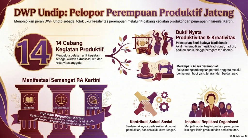 Infografis DWP Undip sebagai pelopor perempuan produktif Jateng dengan 14 cabang kegiatan.