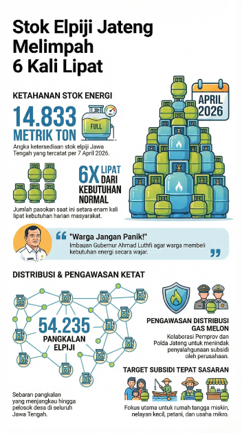 Infografis data stok elpiji Jawa Tengah melimpah 14.833 metrik ton dan sebaran 54.235 pangkalan.