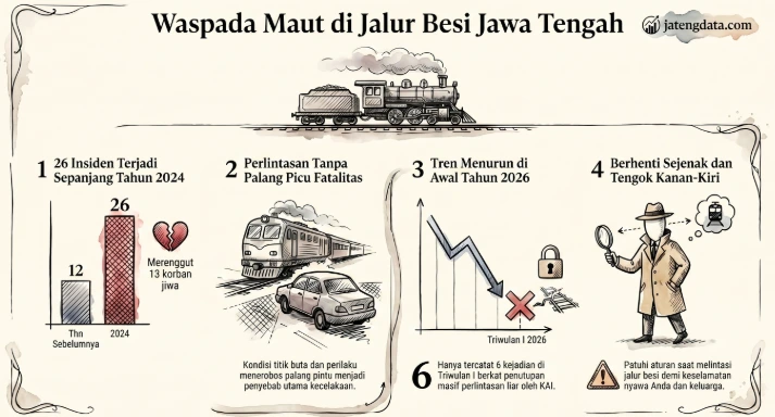 Infografis statistik data kecelakaan kereta api Jawa Tengah yang menampilkan lonjakan insiden perlintasan sebidang pada 2024 dan tren penurunan pada Triwulan I 2026.