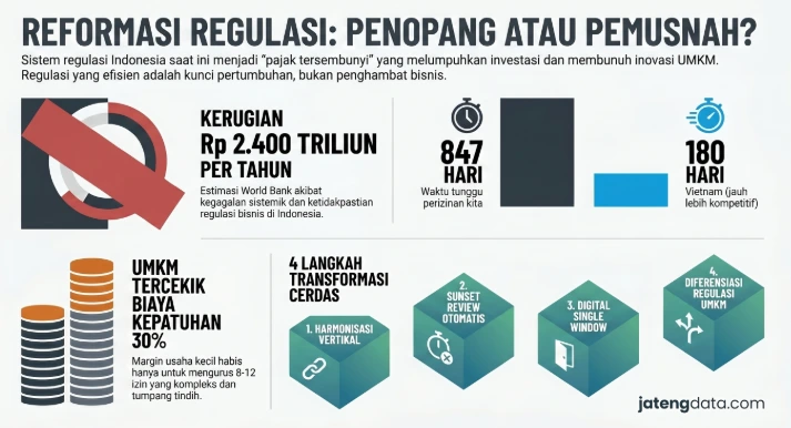 Infografis jatengdata.com tentang urgensi reformasi regulasi bisnis, menampilkan data kerugian ekonomi Rp 2.400 triliun per tahun, perbandingan perizinan 847 hari di Indonesia berbanding 180 hari di Vietnam, beban biaya kepatuhan UMKM sebesar 30 persen, dan 4 langkah transformasi regulasi cerdas.